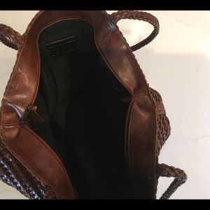 CEM, women’s brown leather woven braided shoulder strap handbag.